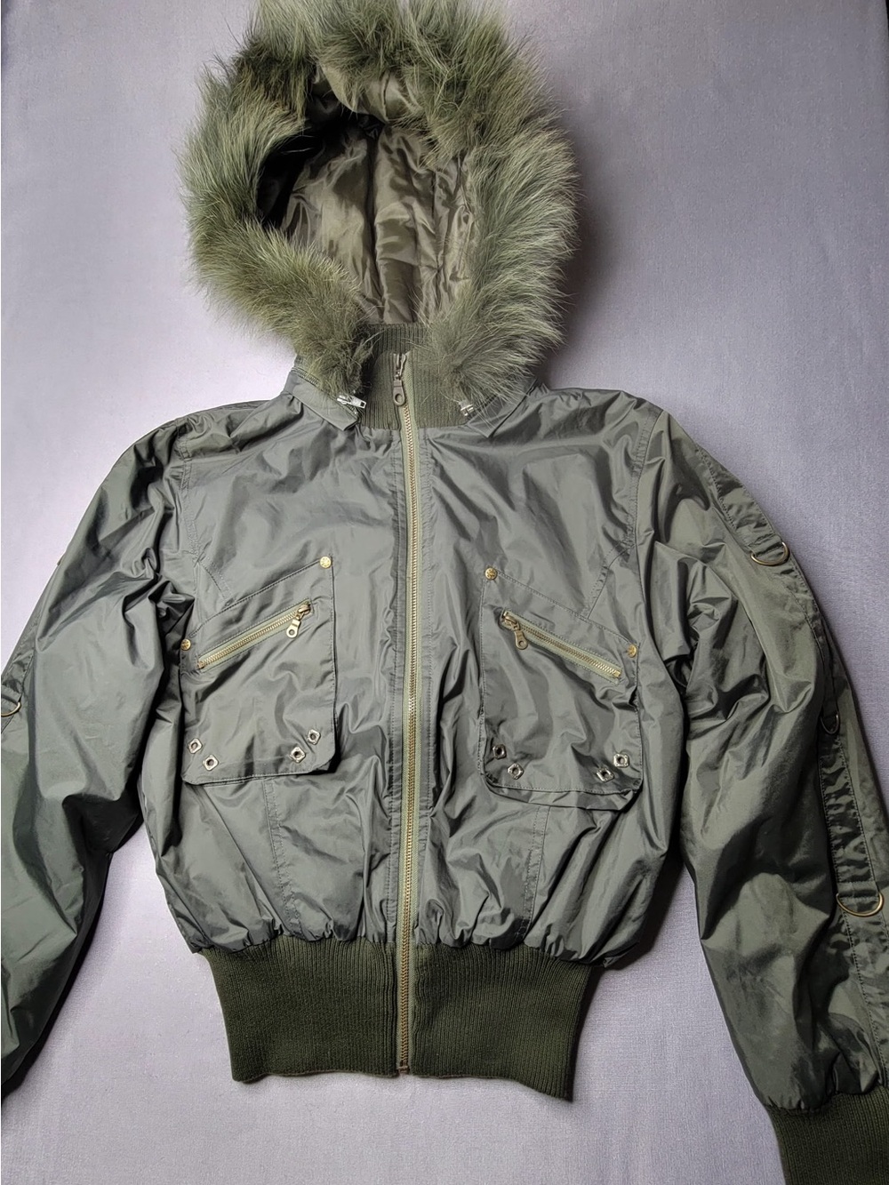 D&G Olive Green Fur-Trim Hooded Bomber Jacket